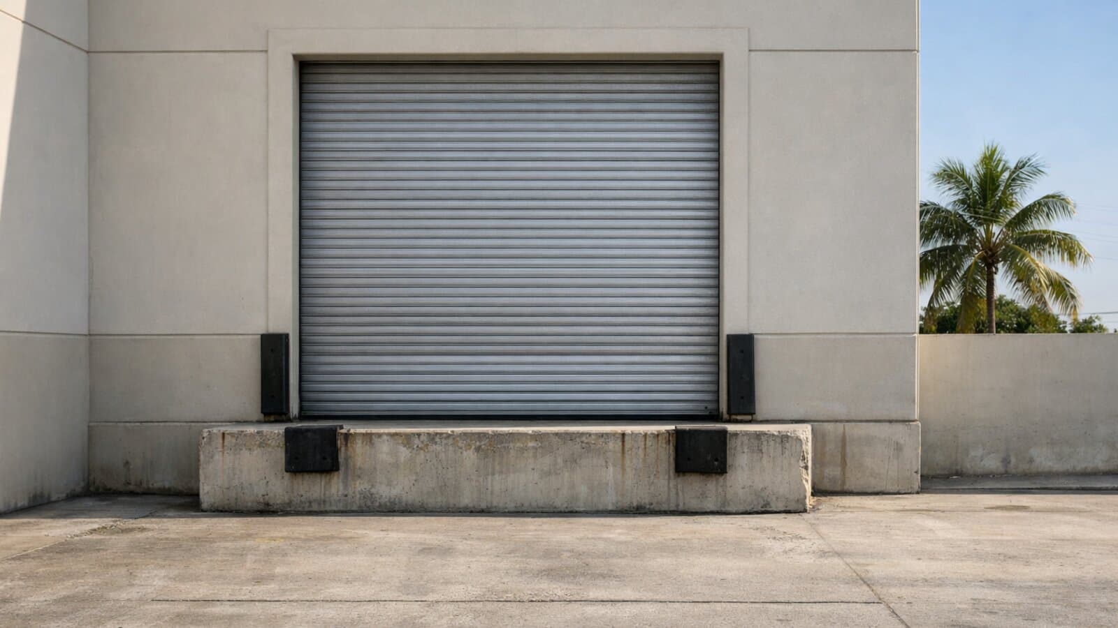 Closed steel roll-up door on a Miami warehouse loading bay in afternoon light