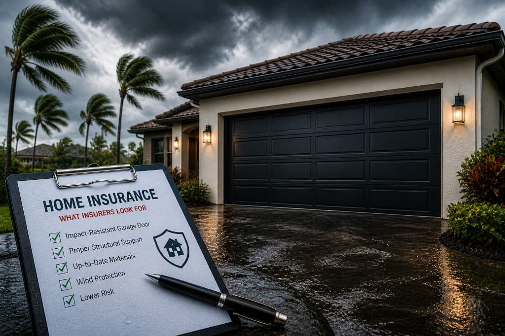 Florida home with a dark sectional garage door under stormy skies and palm trees in wind, with a wet clipboard in the foreground showing a Home Insurance checklist—impact-resistant garage door, structural support, materials, wind protection, and lower risk—all checked, beside a house shield icon