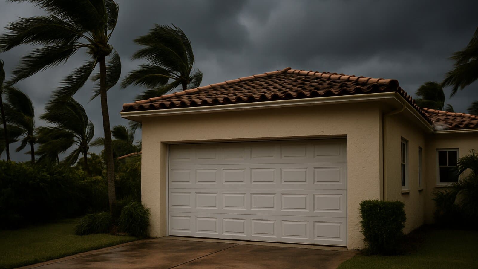 Closed residential garage door on a Miami home under dark stormy skies with palm trees bending in the wind