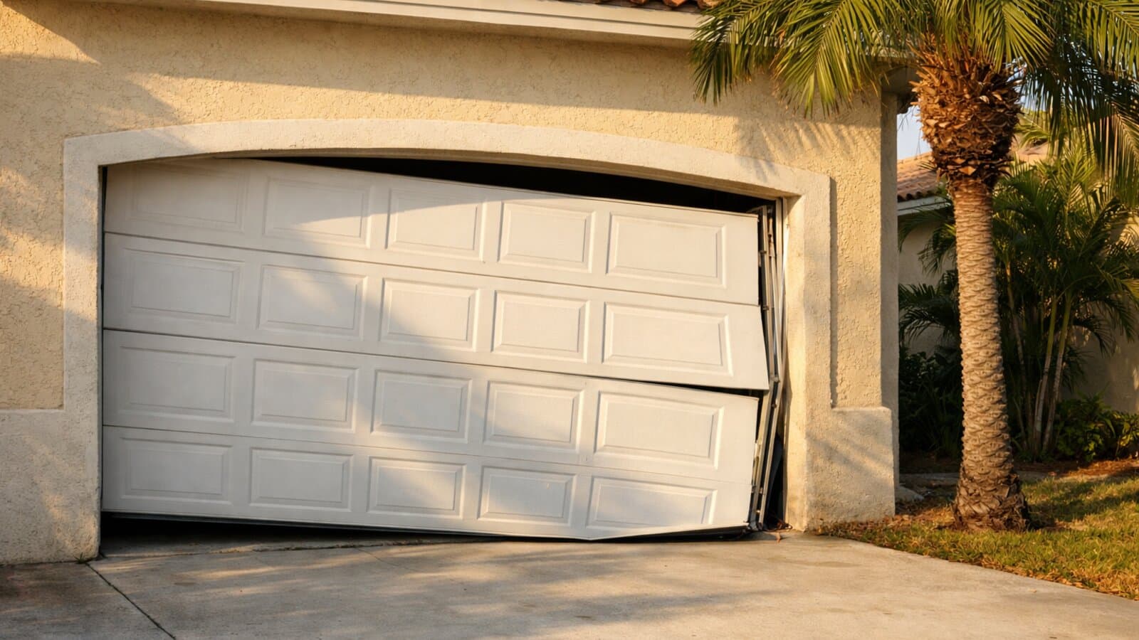 Closed white garage door on a Miami home sitting slightly crooked in its tracks in warm afternoon light