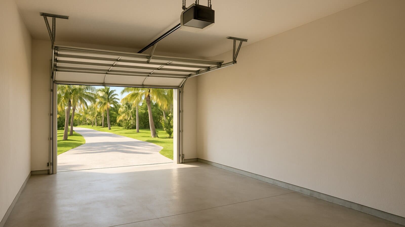 Inside a Miami garage, a ceiling-mounted garage door opener above a half-open sectional door facing a sunny palm-lined driveway