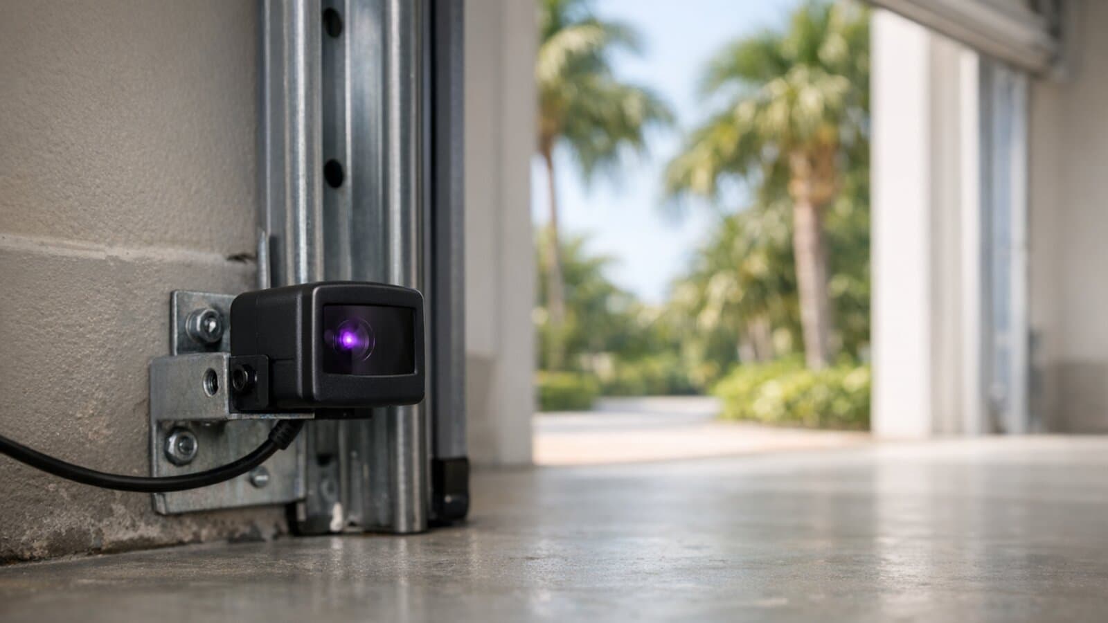 Close-up of a small garage door safety sensor mounted on a track bracket near the floor of a Miami garage with a sunny driveway beyond