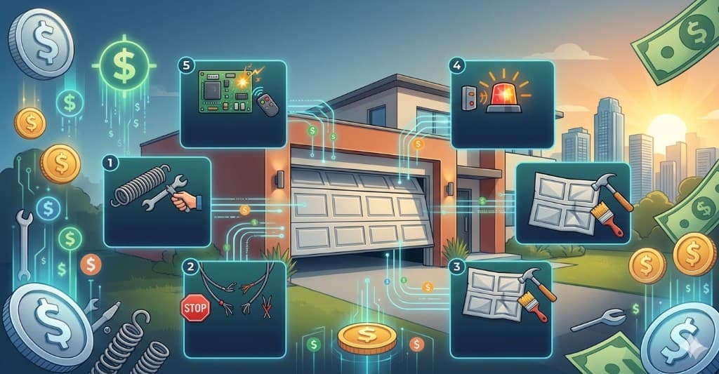 Illustration of a Miami home with a misaligned garage door, labeled repair areas for springs cables panels sensors and opener electronics, with coins and bills representing garage door repair costs