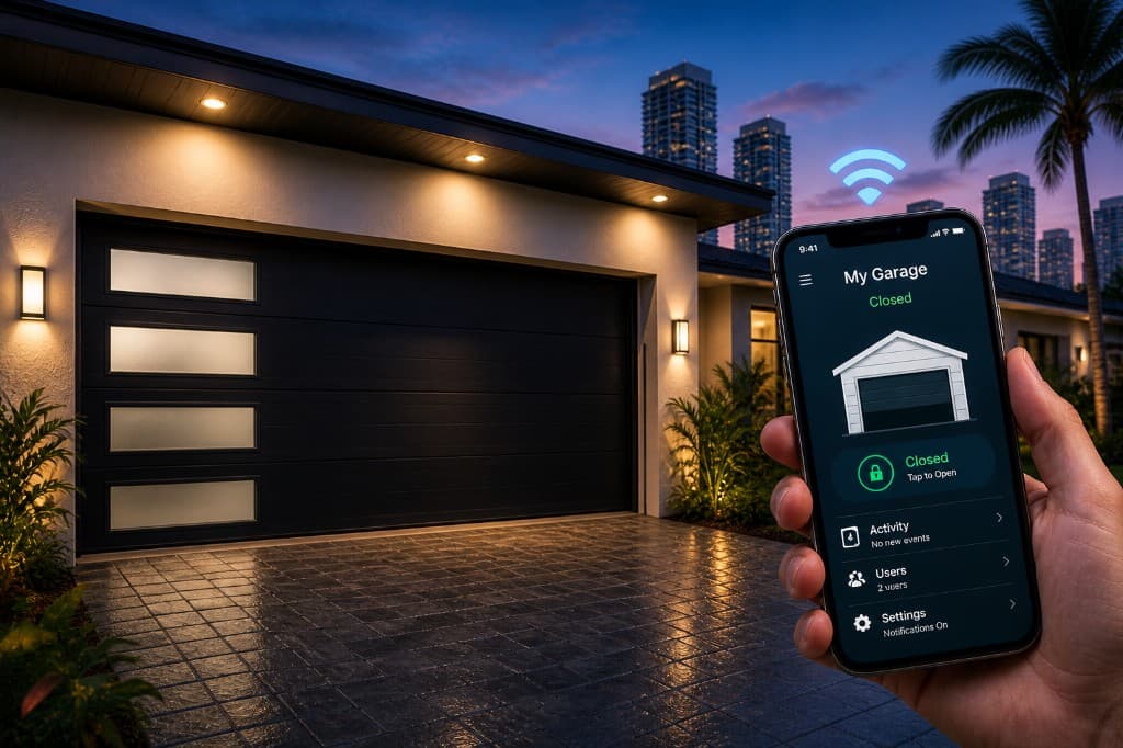 Hand holding a smartphone showing a My Garage app with the door status Closed and tap to open, Wi-Fi graphic above the phone, in front of a modern home at dusk with a dark glass-panel garage door, palm trees, and a lit Miami-style skyline
