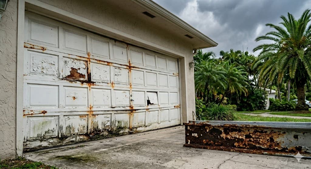 Heavily rusted white two-car garage door with peeling paint and corroded bottom edge, detached rusted metal beam on the driveway, palm trees and storm clouds overhead