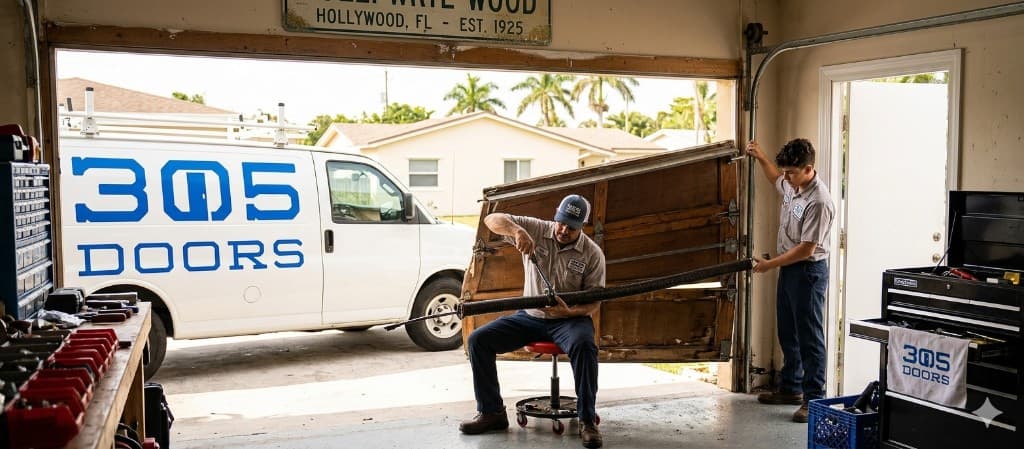 305 Doors technicians replacing a garage door torsion spring inside a residential garage, with branded service van outside